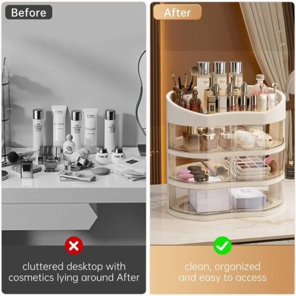 New 360° Rotating Makeup Organizer, Vanity Countertop with 2 Spacious Drawers